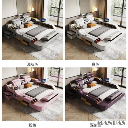 Linlamlim Ultimate Multifunctional Bedframe - Tech Smart Bed with Genuine Leather, Massage, Speaker, Projector, Air Purifier