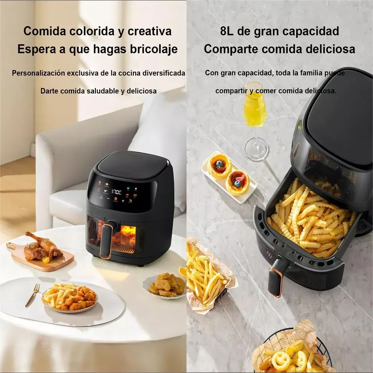 Fritadeira sem Óleo 1400W 8L para Uso Doméstico, Programável, Smart LED Touch, Ciclo Térmico, Forno, Batata Frita, Frango