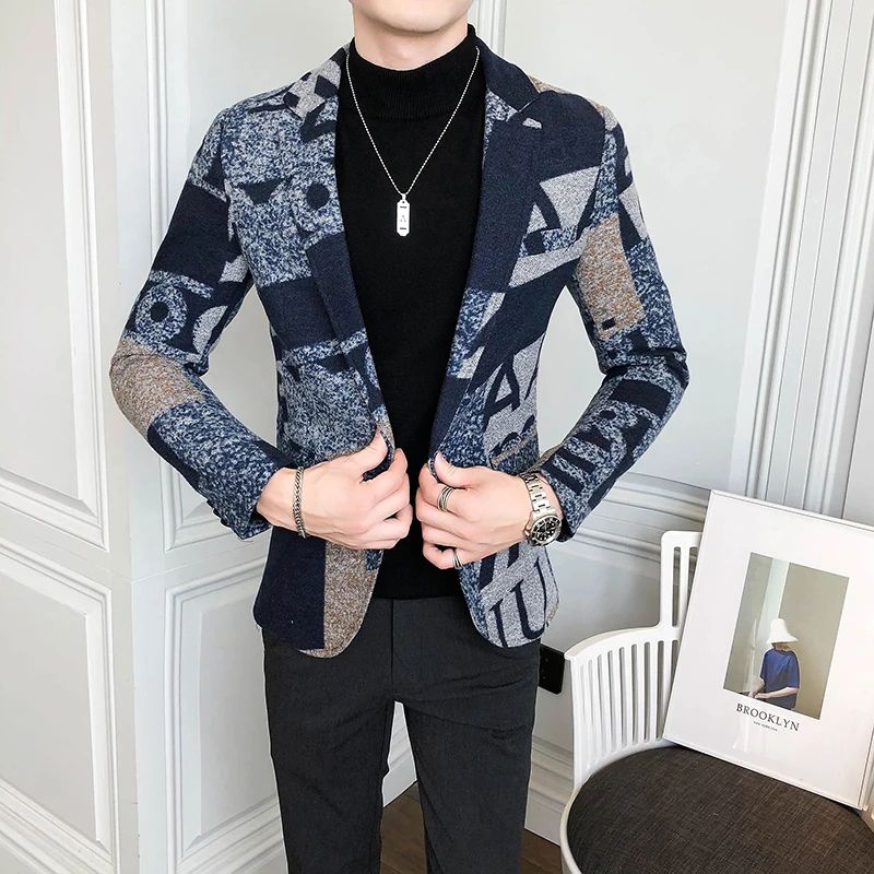 Men's New Suit Jacket Autumn and Winter Men's Letter Printed Suit Jacket Slim Lapel Comfortable Suit Jacket Fashion Woolenjacket