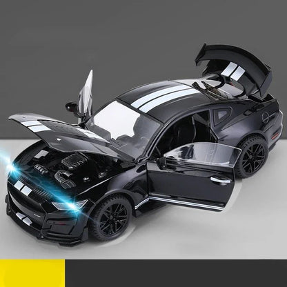 Miniaturas grandes de Ford Mustang GT500 1:18, veículo de liga fundido em metal, modelo colecionável, brinquedos com luz e som, carro de presente para crianças e meninos