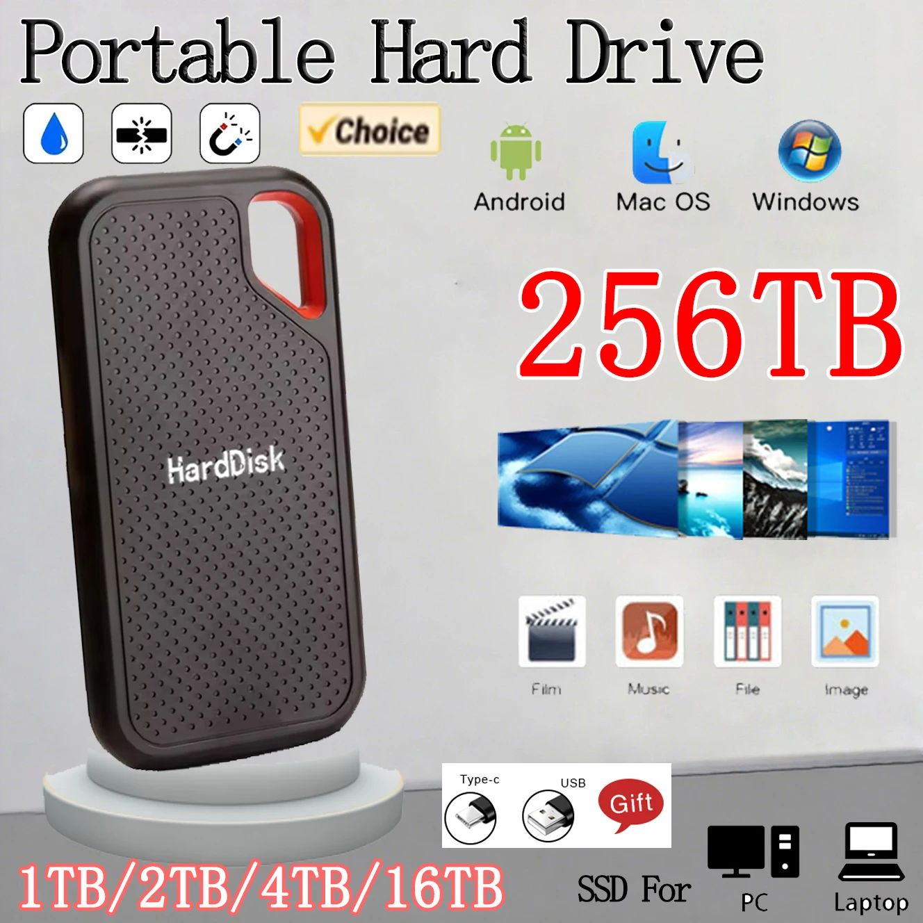Portable SSD External Hard Drive 4TB USB3.2 Type-C External Storage Compatible with Laptop/PC/Mac Shockproof Plug&Play Hard Disk