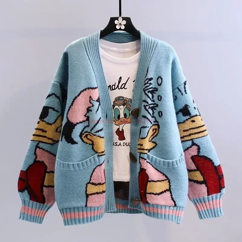 Suéter Disney Pato Donald Anime Desenho Animado Casaco Feminino Outono/inverno Cardigã Solto Suéter de Malha Blusa Presente para Menina