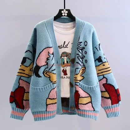 Suéter Disney Pato Donald Anime Desenho Animado Casaco Feminino Outono/inverno Cardigã Solto Suéter de Malha Blusa Presente para Menina