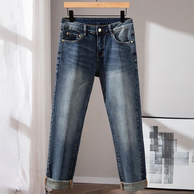 Milão Qualidade Premium Europeia Outono/Inverno Calças Jeans Masculinas Emagrecem Sua Silhueta Solta Reta Elástica Vintage