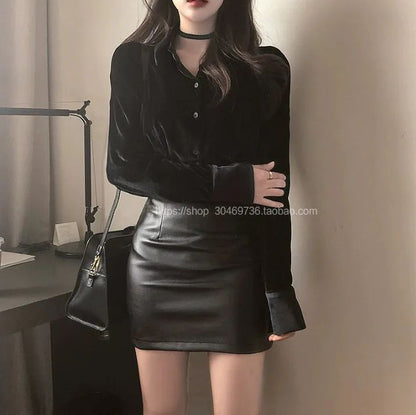 Mini Dress Short Black Pu Leather Skirt Sexy Professional Tightening Women's Underwear 2024 New Style Ultra-short Female Suit