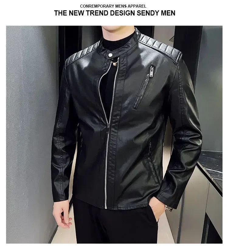 Stand Collar Solid Color White Black Leather Jacket Zip Up PU Coat Men's Motorcycle Leather Jacket Male Spring Autumn Casual