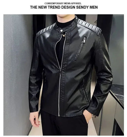 Stand Collar Solid Color White Black Leather Jacket Zip Up PU Coat Men's Motorcycle Leather Jacket Male Spring Autumn Casual