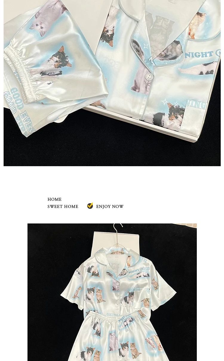 Pyjama Summer New Ladies Sweet Satin Silk Floral Printed Pajamas Set Short Sleeve+Pants Women Ice Silk Cute Homewear Casual Wear