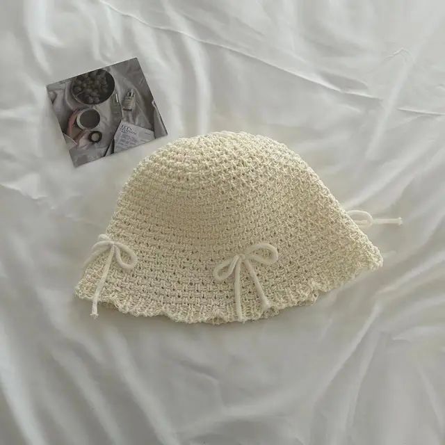 Chapéu de Sol Coreano com Laço de Primavera e Verão, Chapéu Bucket Doce da Moda, Chapéu de Sol Feminino de Palha de Cor Sólida de Malha Respirável para Exteriores
