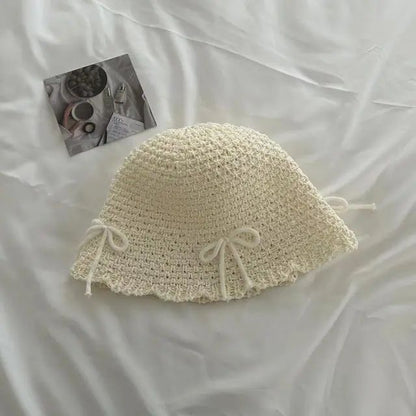 Chapéu de Sol Coreano com Laço de Primavera e Verão, Chapéu Bucket Doce da Moda, Chapéu de Sol Feminino de Palha de Cor Sólida de Malha Respirável para Exteriores
