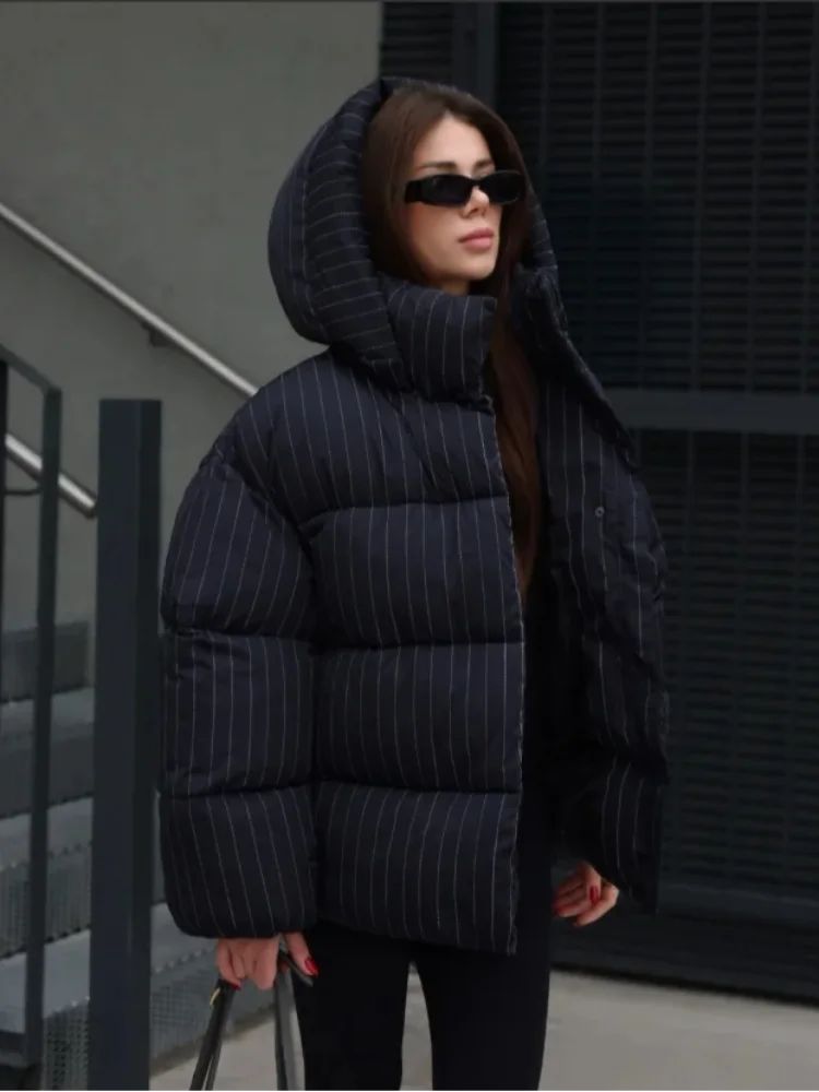 Women's Pinstripe Oversized Puffer Jacket Full Sleeve Detachable Hood Zipper Warm Coat 2025 Autumn Winter Female Casual Wear