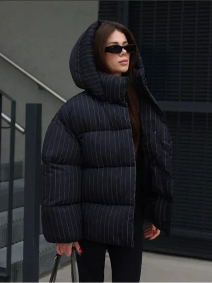 Women's Pinstripe Oversized Puffer Jacket Full Sleeve Detachable Hood Zipper Warm Coat 2025 Autumn Winter Female Casual Wear