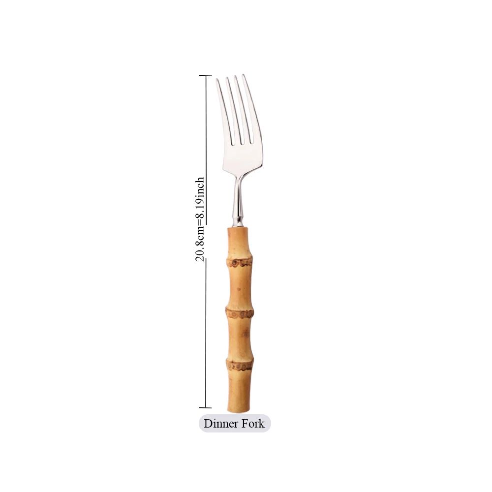1Pç Conjunto de Talheres de Bambu Natural com Cabo de Aço Inoxidável Utensílios de Mesa Garfos de Jantar Colher Faca Talheres de Cozinha