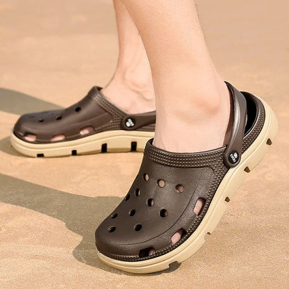 2024 Summer Plus Size Hollow Out Sandals Men's Breathable Slippers Trendy Thick Base Slip-On Beach Shoes Men's Footwear