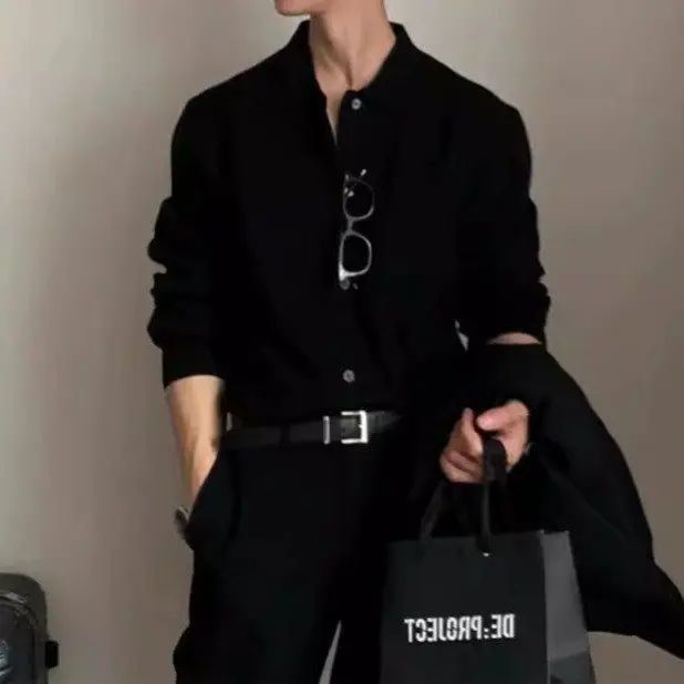 Early Autumn Casual Men's Knitted Cardigan Green Collar Open Front Sweater Trendy Korean Style Dongdaemun Fashion Streetwear