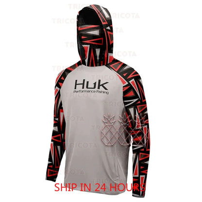 Camisas HUK Fishing Hoodies com Capuz Máscara Protetora para Pesca Roupas de Pesca Masculinas Manga Longa Respirável Proteção UV UPF50+ Camisetas de Pesca