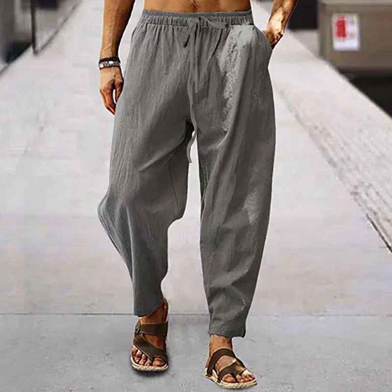2025 Calça Masculina de Algodão e Linho Verão e Outono Cor Sólida Cintura Alta Perna Larga Calça Masculina Solta Cânhamo Casual Respirável Esportiva