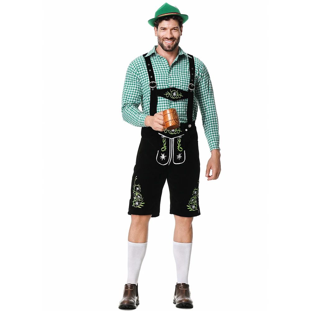 Men Traditional Bavarian Beer Shorts Outfit Overalls Shirt Hat Suspenders Set Germany Oktoberfest Costumes Halloween Costume