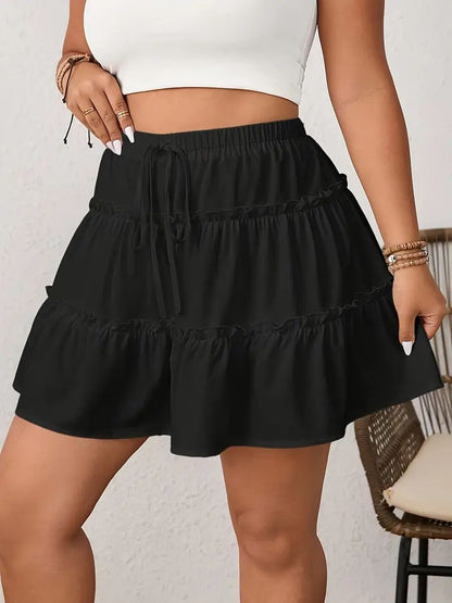Plus Size Spring/Summer Women's Casual Elegant Solid Color A-Line Skirt  Ruffled Hem Elastic Waistband A-Line Skirt