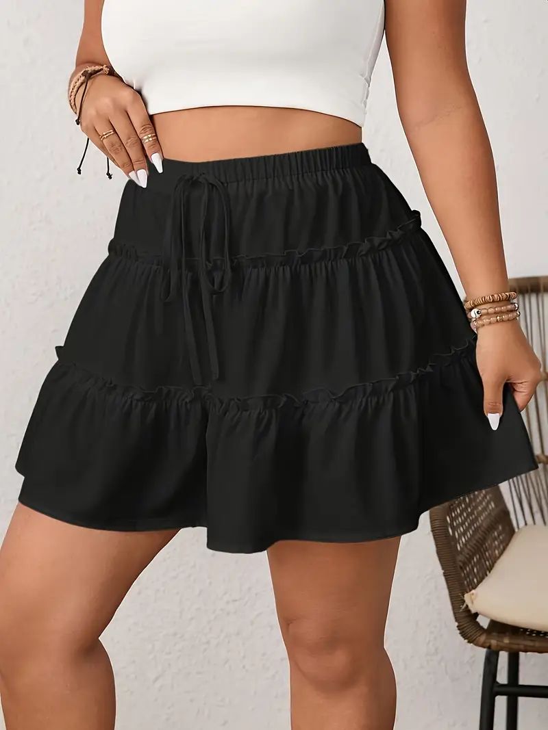 Plus Size Spring/Summer Women's Casual Elegant Solid Color A-Line Skirt  Ruffled Hem Elastic Waistband A-Line Skirt