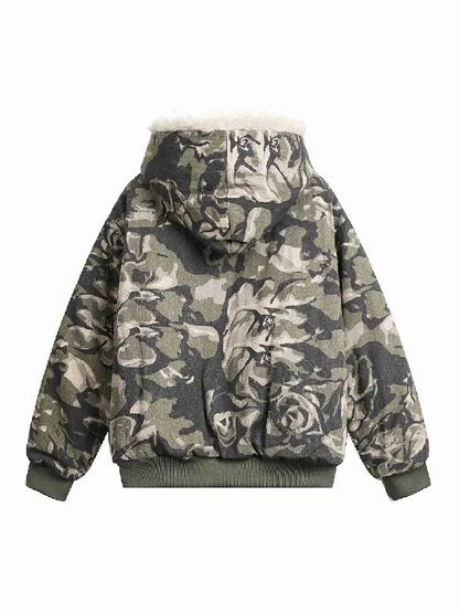 American Retro Camouflage Rose Fleece Lined Hooded Jacket Men and Women Y2K Zipper Warm Jacket Military Green Casual Winter Top