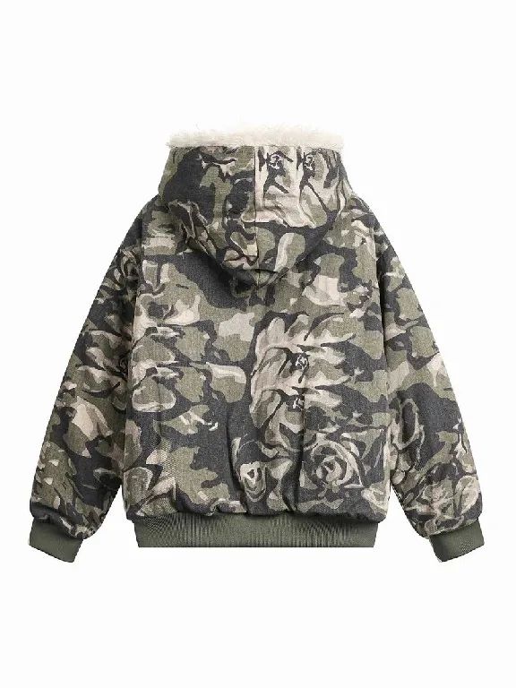 American Retro Camouflage Rose Fleece Lined Hooded Jacket Men and Women Y2K Zipper Warm Jacket Military Green Casual Winter Top