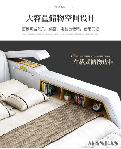 MANBAS Ultimate Bed Frame Tech Smart Multifunctional Bed with Genuine Leather, Massage, USB, Bluetooth Speaker, Tatami & Safe