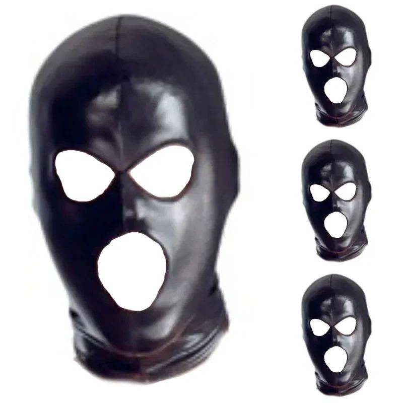 Black Wetlook Pirate Head Mask 3 Holes Face Cover Latex Hood Headgear for Cosplay CS Halloween Costume