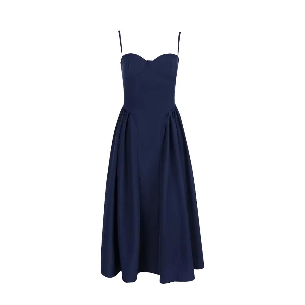 Suninheart Elegant Spaghetti Strap Midi Dress Slim A Line Party Dresses Navy Blu