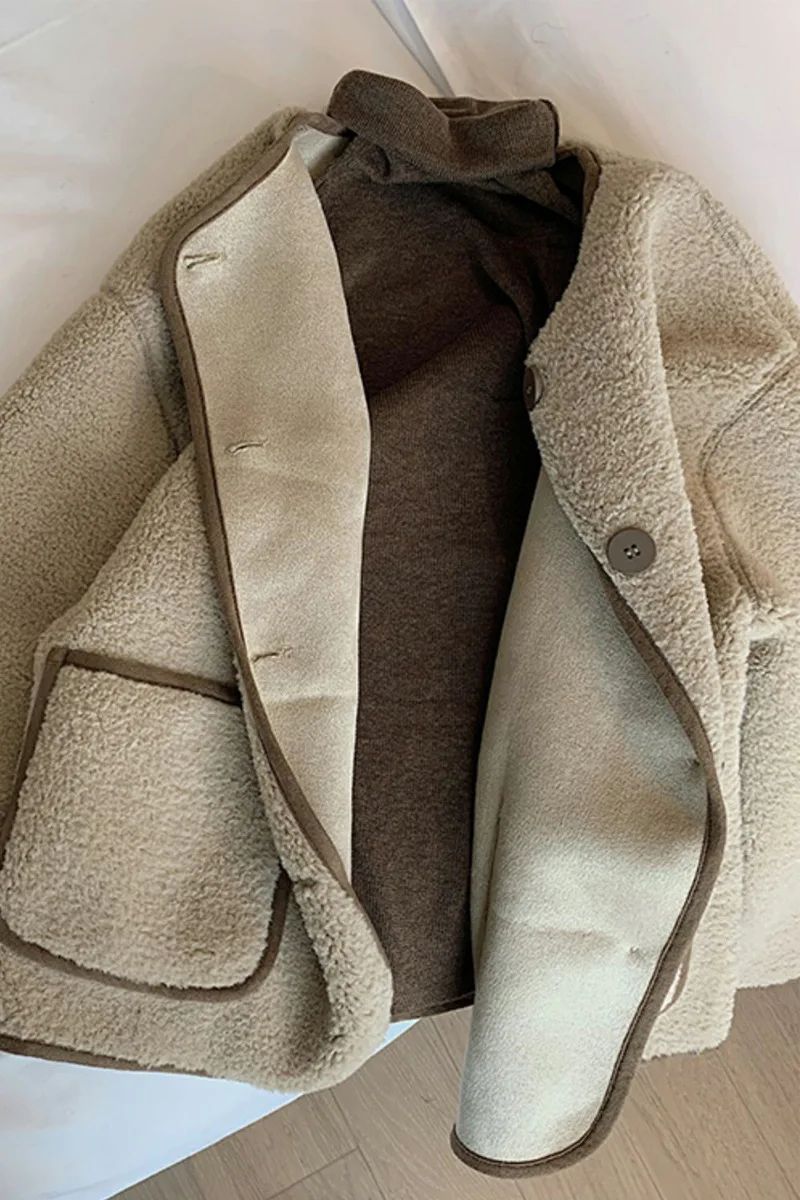 New Winter Loose Short Thickened Lamb Fur Jacket Simple Style Small Size Elegant Top Polyester Fiber Full Sleeve Coat