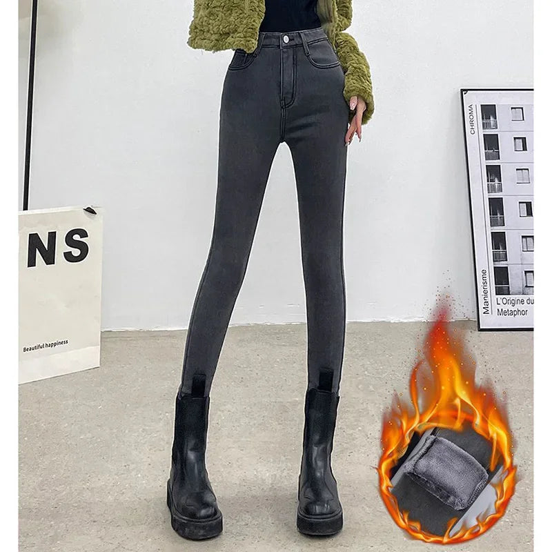 Winter Women Chic Fleece Thermal High Waist Jeans Lady Snow Warm Plush Denim Pants Girls Classic Fashion Straight Leg Trousers