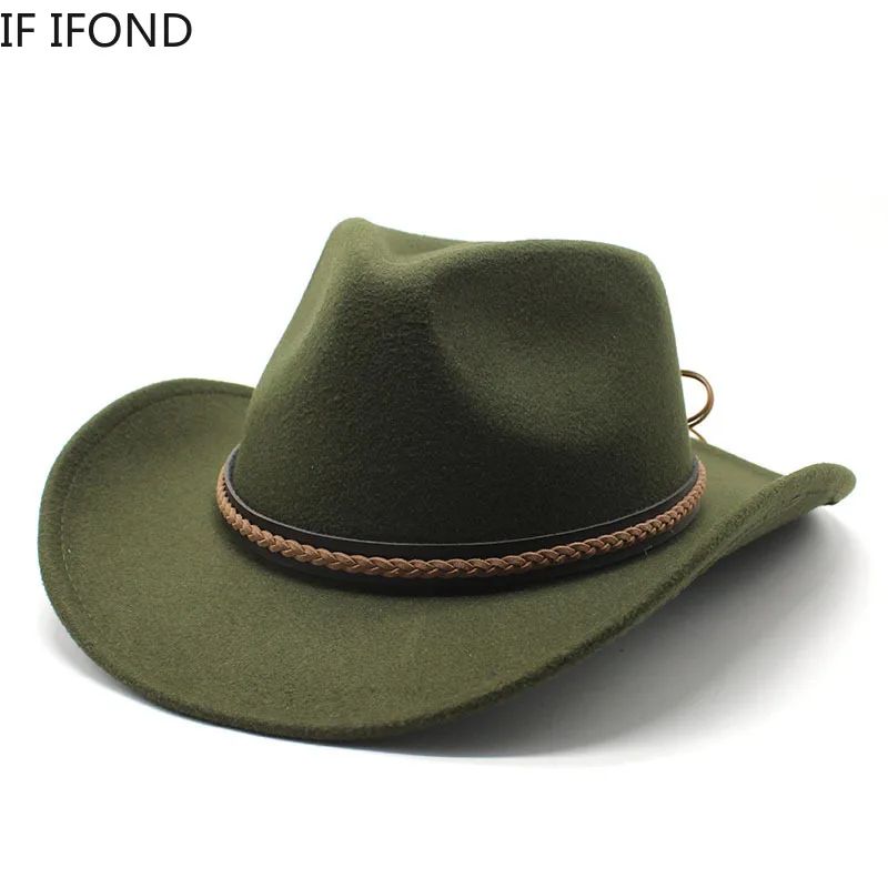 Winter Roll Up Brim Western Cowboy Hat With Leather Retro Gentleman Lady Jazz Cowgirl Cap Church Sombrero Caps