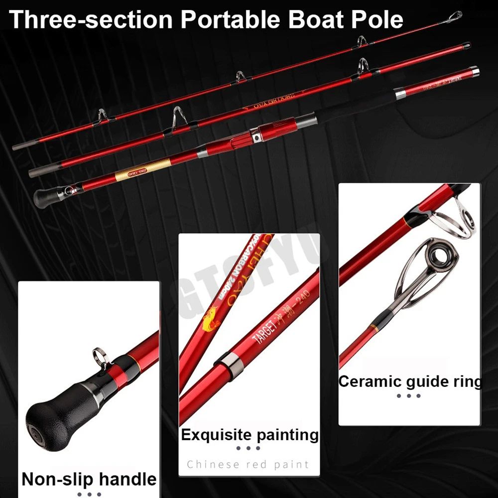 1.8M 2.1M  2.4M Portable 3-Piece Fishing Rod Travel Surf Saltwater Carbon Spinning Rod 30-50lb Boat Jigging Trolling Fishing Rod