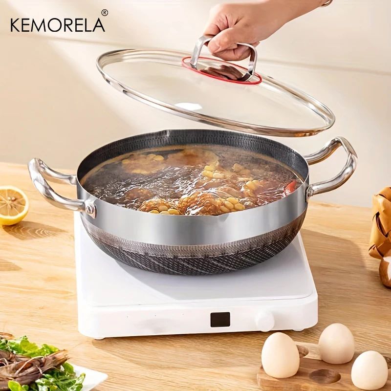 Frigideira de Aço Inoxidável 304 26/28/30cm, Antiaderente Grau Alimentício, Fundo de Panela Colmeia, Panela Geral para Fogão a Gás e de Indução