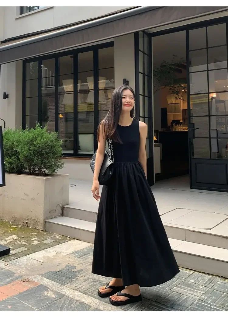 New Vintage Black Tank Top Midi Dress Wedding Dresses for Women Clothing O Neck