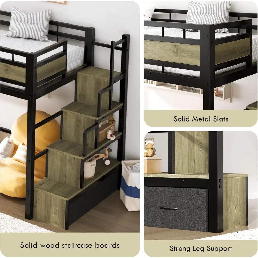 Twin Size Metal Loft Bed with Storage Stairs & Drawers Heavy-Duty Space-Saving Bed Frame for Teens And Juniors No Box Spring Nee