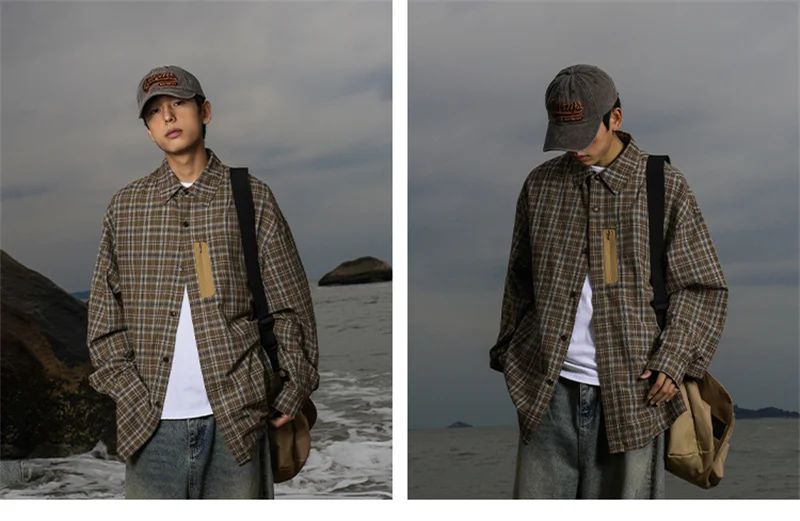 Autumn Y2K Vintage Plaid Shirts For Men Long Sleeve Button Up Blouse Korean Fashion Zip Pocket Cargo Shirt Streetwear Clothes