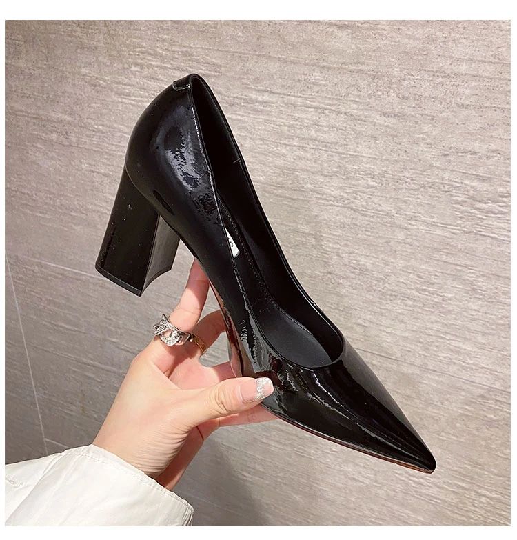 Women Shoes Patent Leather Slip-On Chunky Heels High Heels Women Temperament Pointed Toe Shallow Sexy Wedding Shoes Pumps