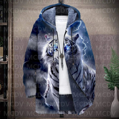 Men's Retro Print Plush Thick Long-Sleeved Coat Cardigan Tiger 3D Prined Fleece Hooded Overcoat Unisex Thick Warm Jacket