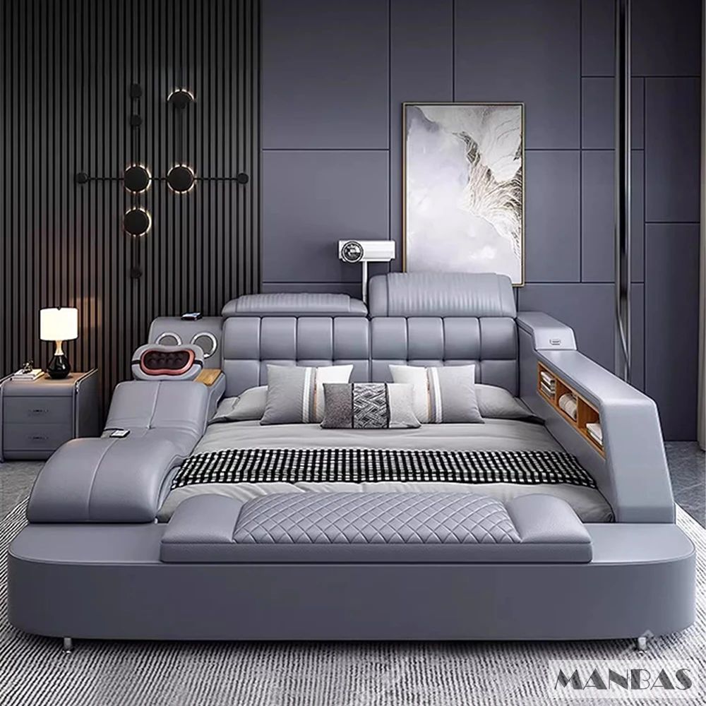 MANBAS Luxury King Size Genuine Leather Bed / Tech Smart Bed / Multifunctional Ultimate Beds / Massage Bed with USB,Projecter