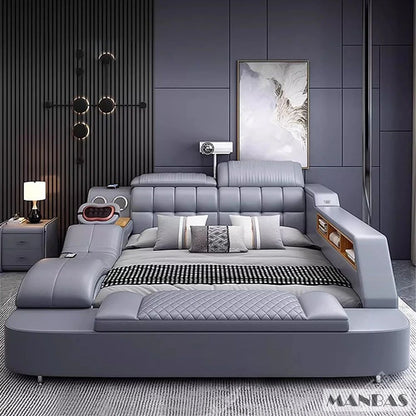 MANBAS Luxury King Size Genuine Leather Bed / Tech Smart Bed / Multifunctional Ultimate Beds / Massage Bed with USB,Projecter