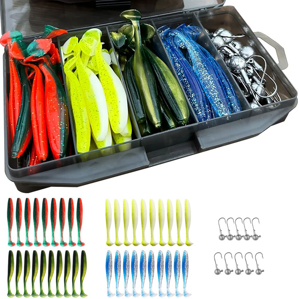 50 unidades/Caixa Isca Artificial Jig de Metal 5.5cm 7cm 10cm Isca Macia 3g 5g 7g 10g 14g Anzol Jigging Head Caixa de Pesca Pesca Swimbait Kit Isca de Fundo