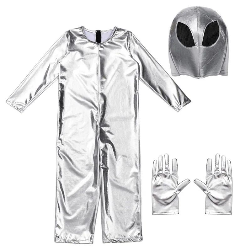 Kids Alien Cosplay Costume Space Travel Astronaut Jumpsuit Halloween Performance Outfit for Boys and Girls with Hat, Gloves