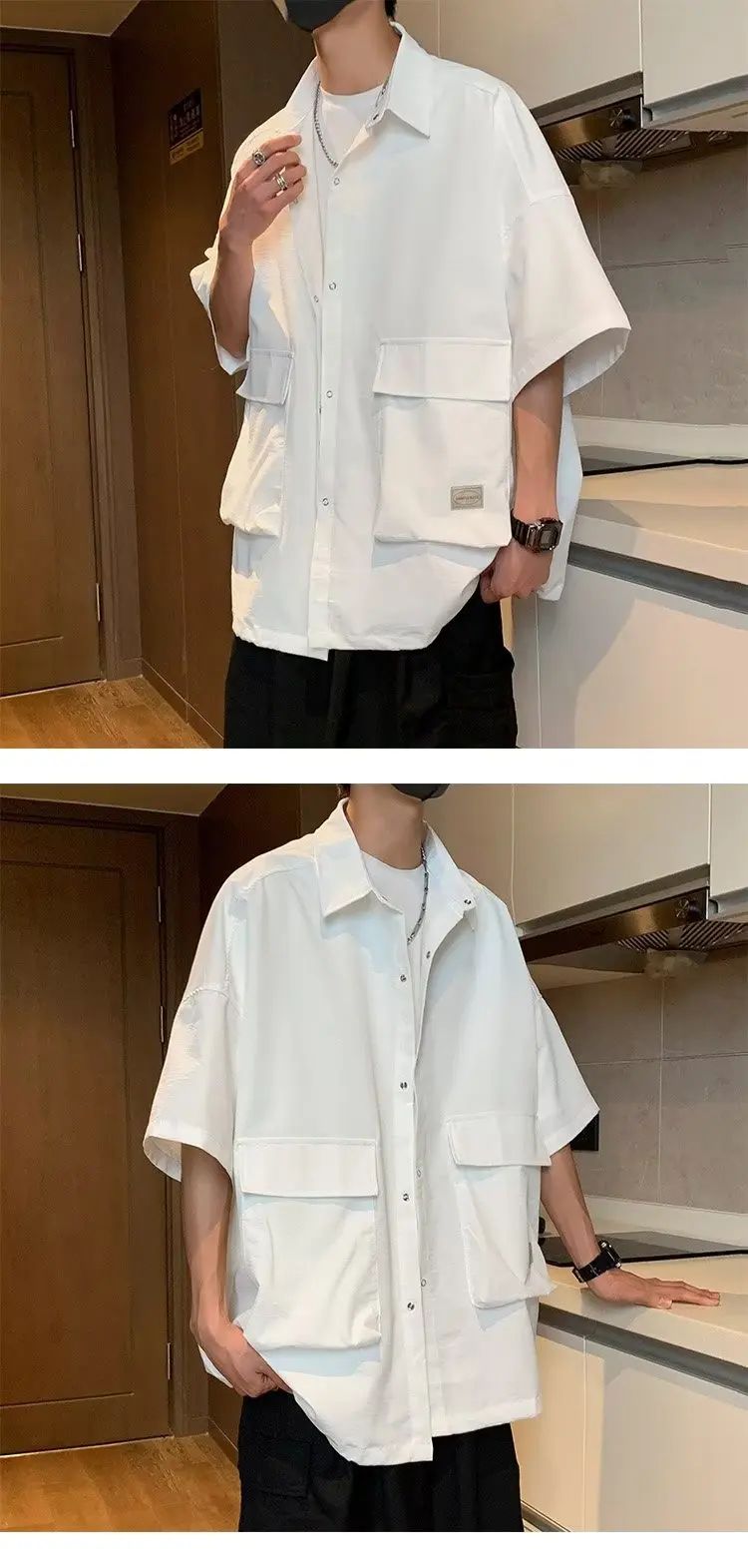 Men's Retro Large Pocket Cargo Shirt Jacket Coat Summer Loose Casual Short Sleeved Shirt For Men Y2k Japan Korea Streetwear