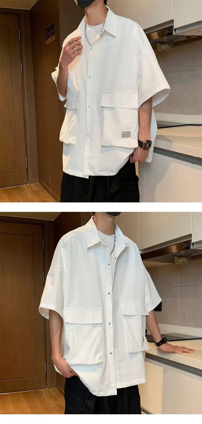 Men's Retro Large Pocket Cargo Shirt Jacket Coat Summer Loose Casual Short Sleeved Shirt For Men Y2k Japan Korea Streetwear