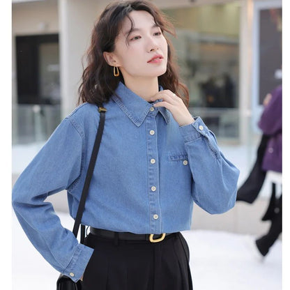 2024 New Vintage Loose-Fit Denim Shirt Women's Petite Top Commuter Jacket Fashionable Through-The-Year Style