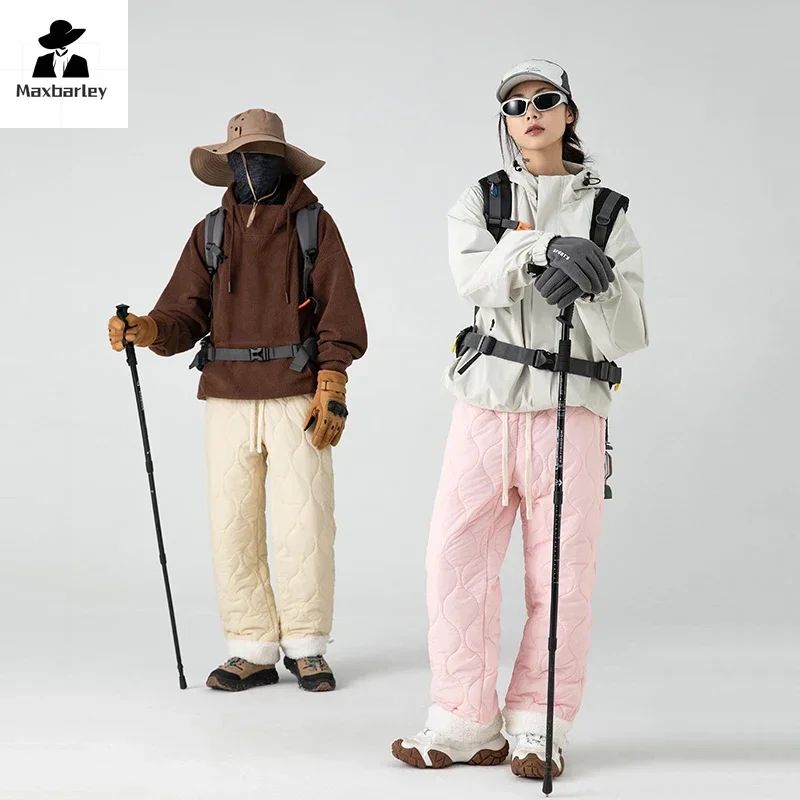 Calça de Neve Masculina, Marca de Moda, Grossa, À Prova de Vento, Quente, Veludo de Cordeiro, Calça Feminina Casual, À Prova de Frio, Acolchoada com Algodão e Penugem