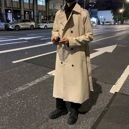 Autumn Trench Coat Men's High-end Luxury Double Row PU Leather Coat Male Long Korean Style Windbreaker Motorcycle Leather Jacket