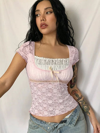 2025 New Retro Lace Tops Women y2k Gothic Sweety Shirts Short Sleeve Lace Square Neck Crop Tops and Blouses Summer Tshirt