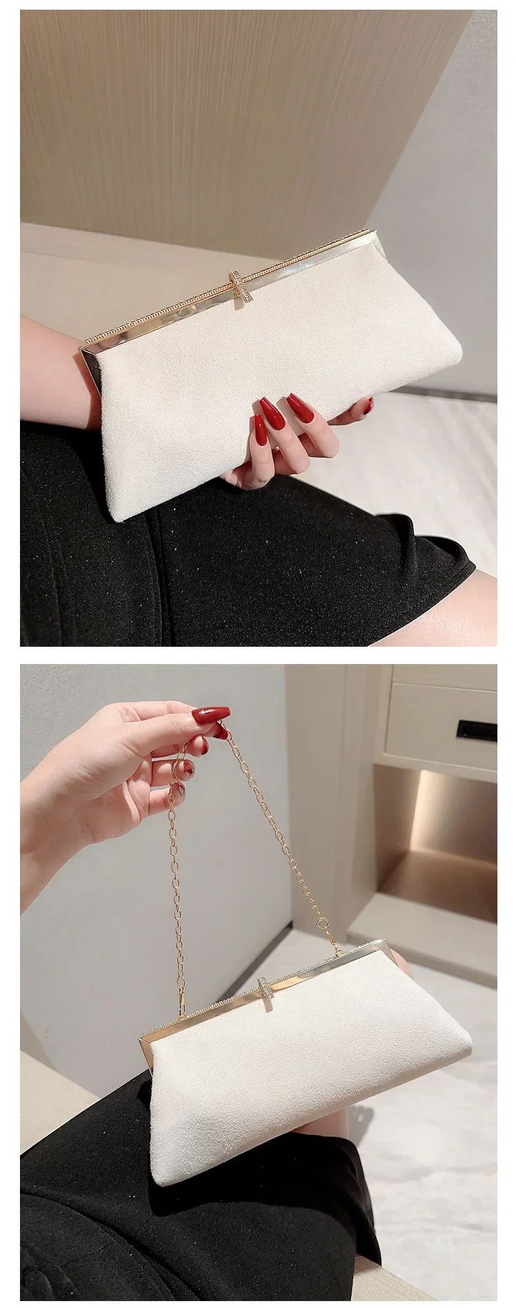 Women Retro Black Velvet Evening Clutch Bag Glitter Rhinestone Buckle Banquet Party Ladies Handbag Purse with Chain